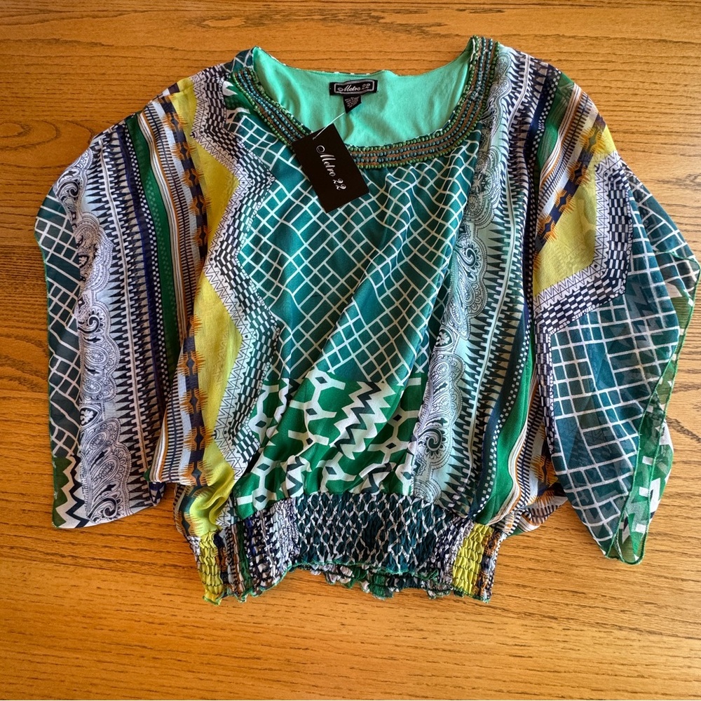 Metro 22 Tunic Top Women 1X Embellished Sheer Lined Green Geometric Short Sleeve